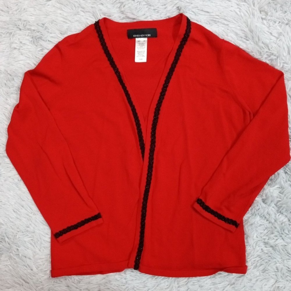 Jones New York Womens Sweater Cardigan‎ Red S Open Front Stretch Lace Small